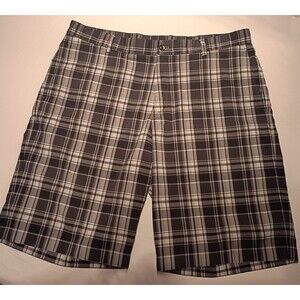 Slazenger Mens Gray Plaid Chino Shorts Flat Front 10 Inseam Zip 38 Button Poly